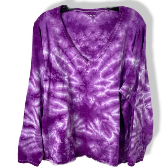 handmade tie dyed ladies' long sleeve v-neck tshirt XXL crinkle lightning - Picture 1 of 7